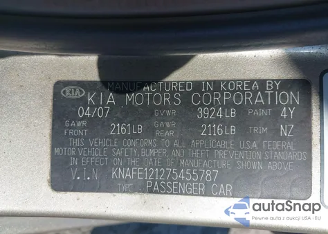 2007 Kia Spectra Ex from USA, damaged, VIN KNAFE121275455787
